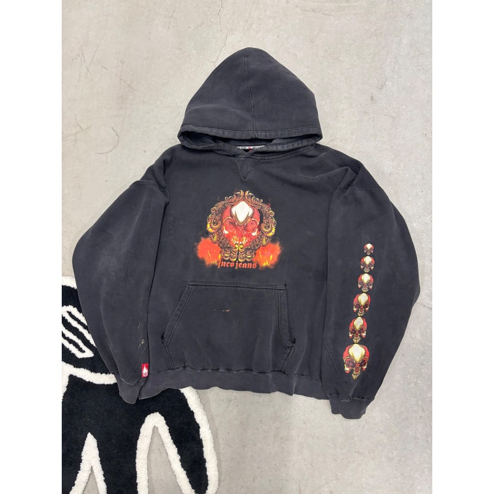 Vintage JNCO Jeans Skull Graphic Hoodie Black XXL Oversized 90s Skate Streetwear